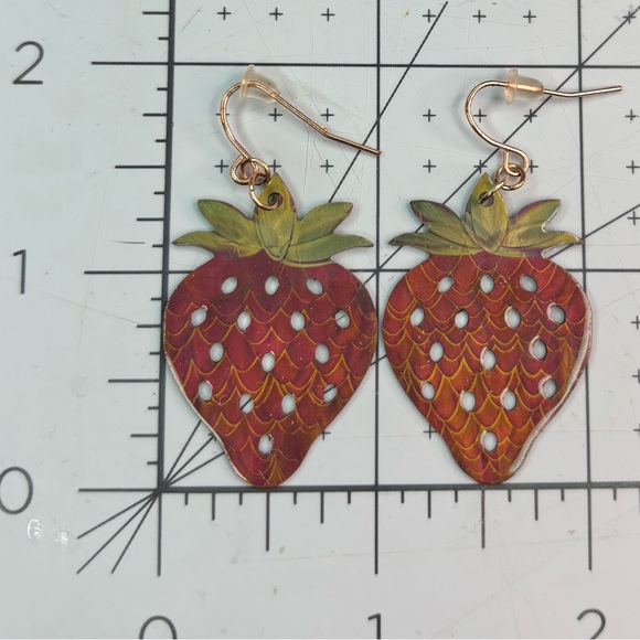 Handmade Strawberry Shaped Dangle Earrings Hand Painted Laser Cut Resin, [2”] - Picture 4 of 8